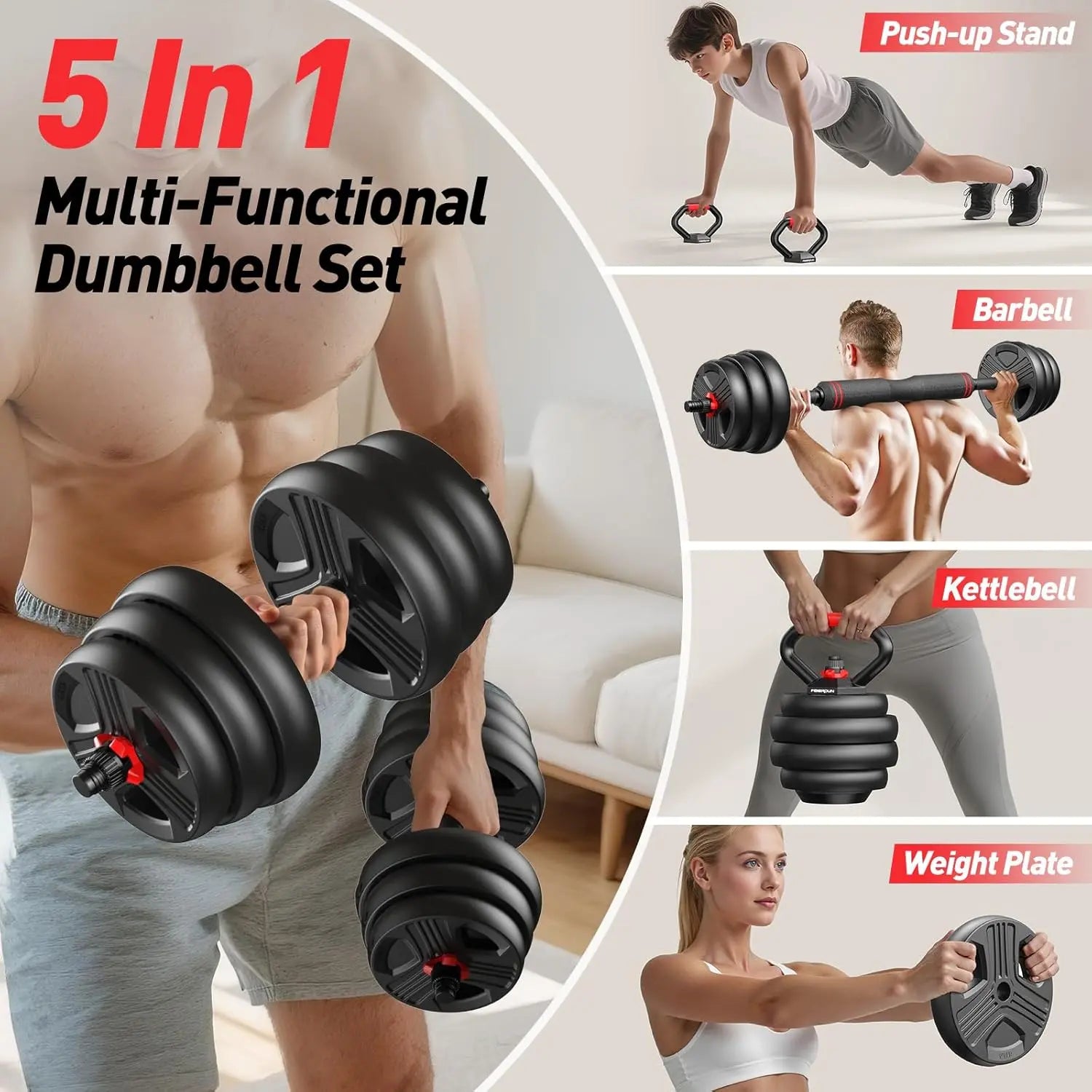 Adjustable Dumbbell Set,20/35/45/55/70/90Lbs Free Weights Set with Upgraded Nut, 5 in 1 Weight Set as Kettlebells, Barbell, Push up Stand, Fitness Exercise for Gym Suitable Men/Women