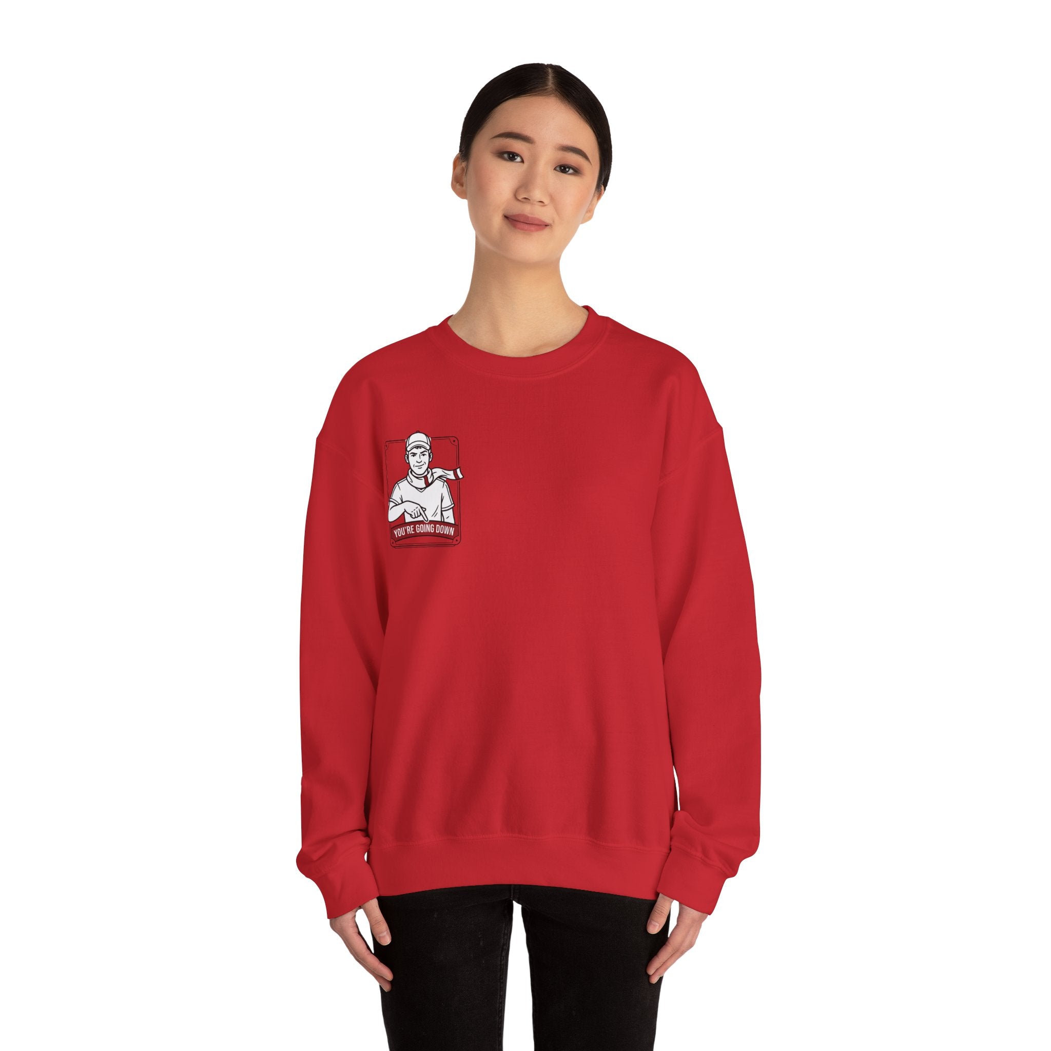 Crewneck Sweatshirt — Vintage Nurse Illustration "You're going Down!" Pocket Design