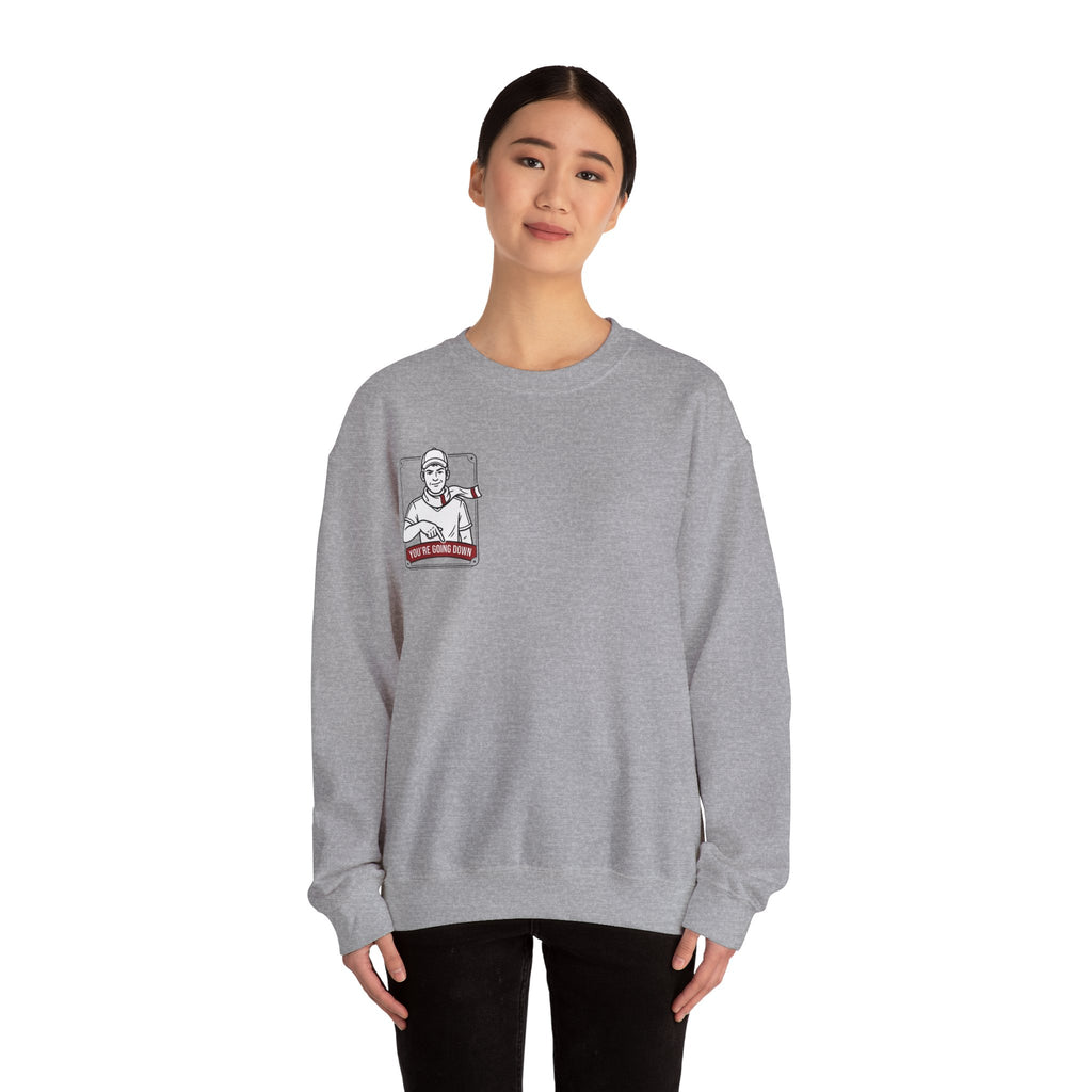 Crewneck Sweatshirt — Vintage Nurse Illustration "You're going Down!" Pocket Design