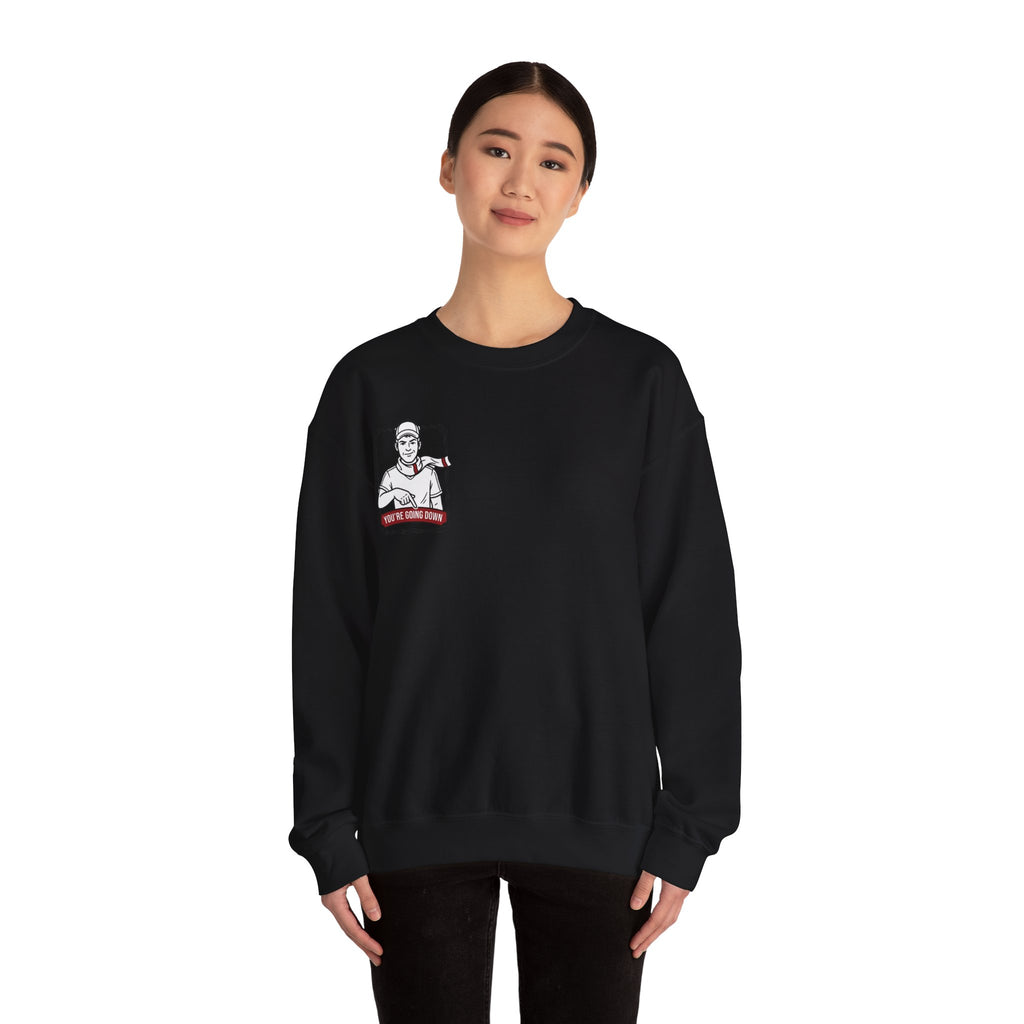 Crewneck Sweatshirt — Vintage Nurse Illustration "You're going Down!" Pocket Design