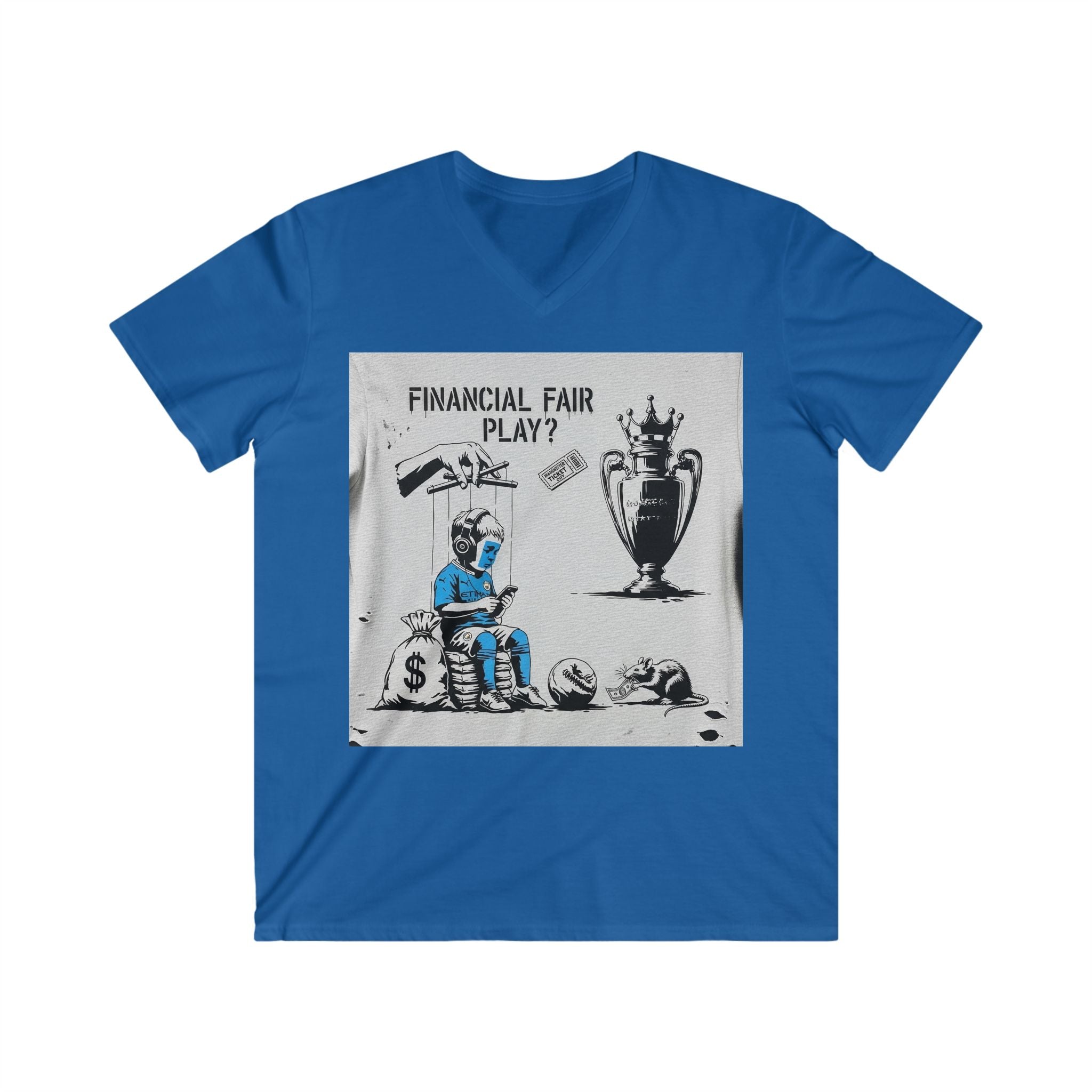 V-Neck Tee — "Financial Fair Play?" Soccer Money Graphic