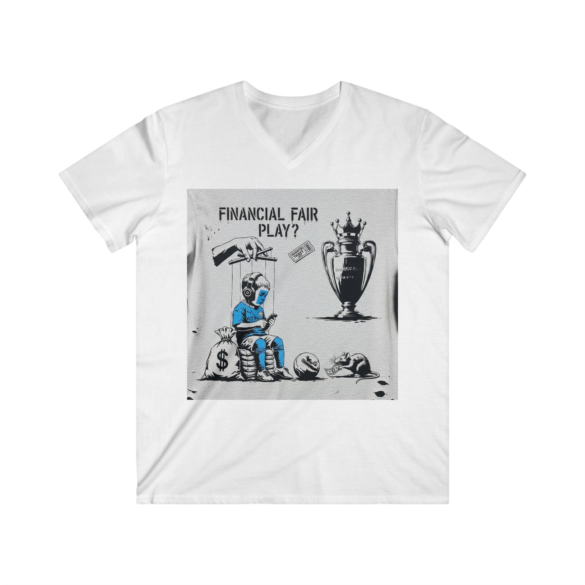 V-Neck Tee — "Financial Fair Play?" Soccer Money Graphic