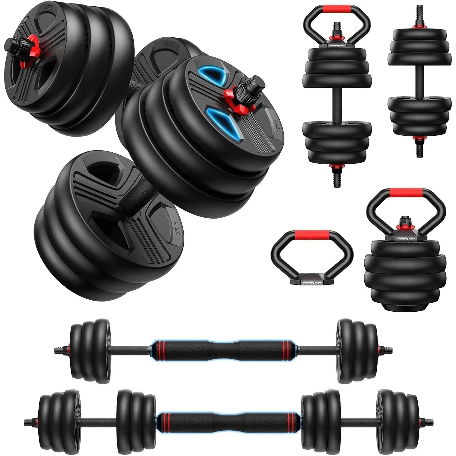 Adjustable Dumbbell Set,20/35/45/55/70/90Lbs Free Weights Set with Upgraded Nut, 5 in 1 Weight Set as Kettlebells, Barbell, Push up Stand, Fitness Exercise for Gym Suitable Men/Women