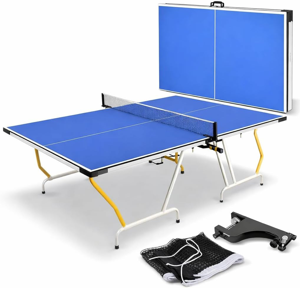 Foldable Table Tennis Table, Medium Size, Includes Net, Clipper, Post, Foldable and Easy to Store Space-Saving Design, Blue