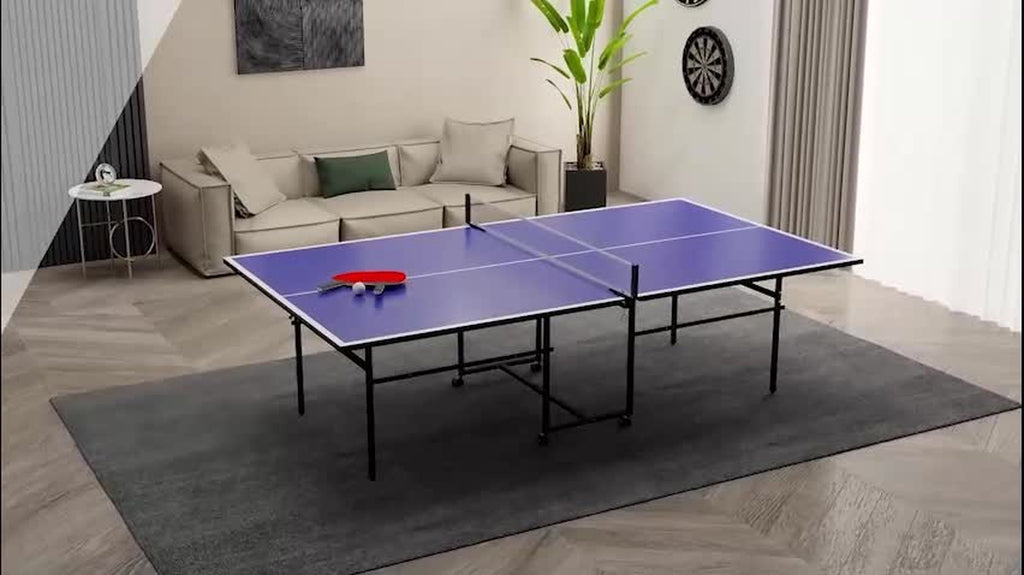 9FT Table Tennis Table W/ Four Wheels, Folding Tennis Table, Blue