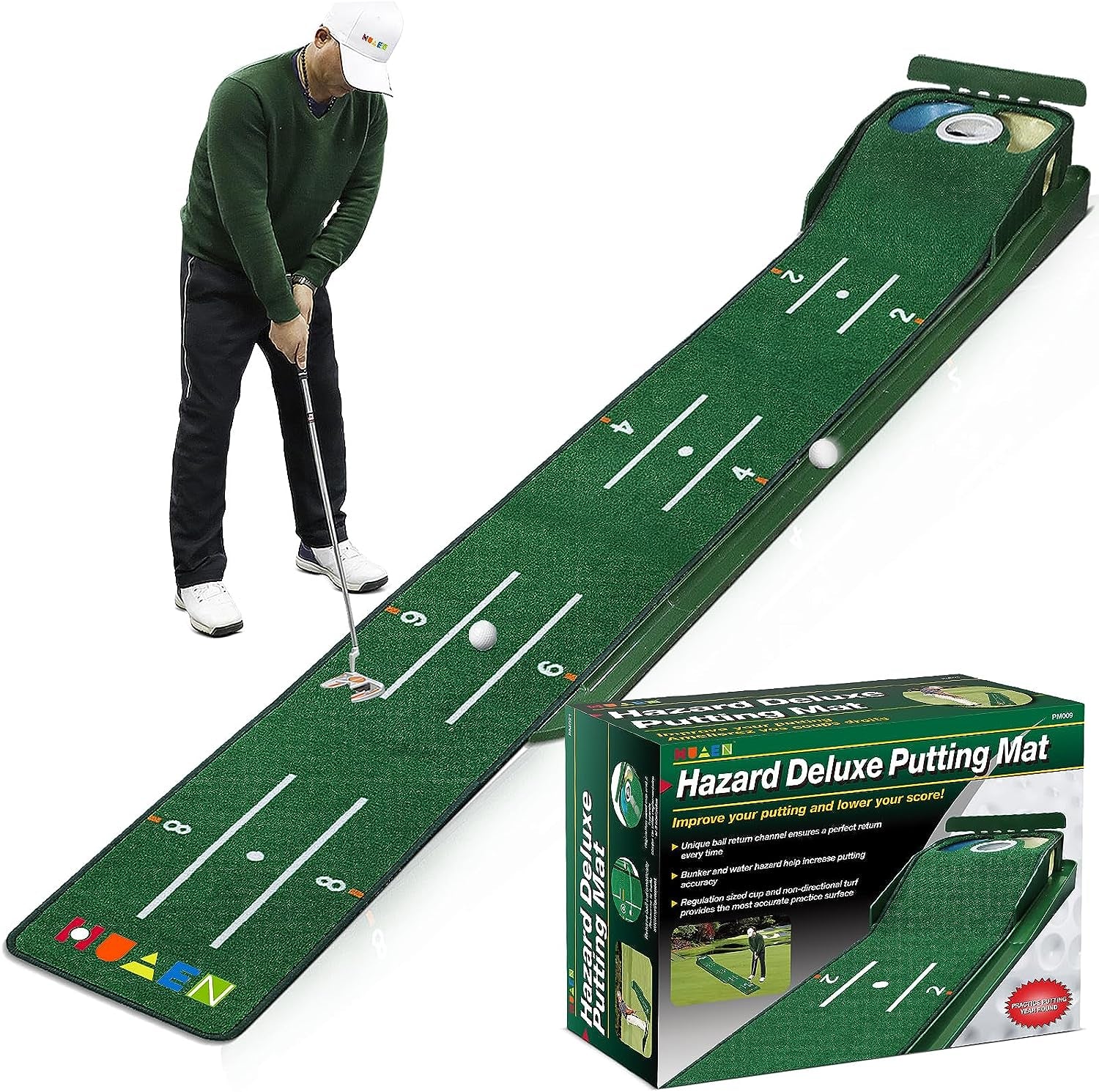 Putting Green Mat for Indoors with Ball Return and 3 Holes - Golf Training and Practice Equipment for Home or Office - Accessories for Men