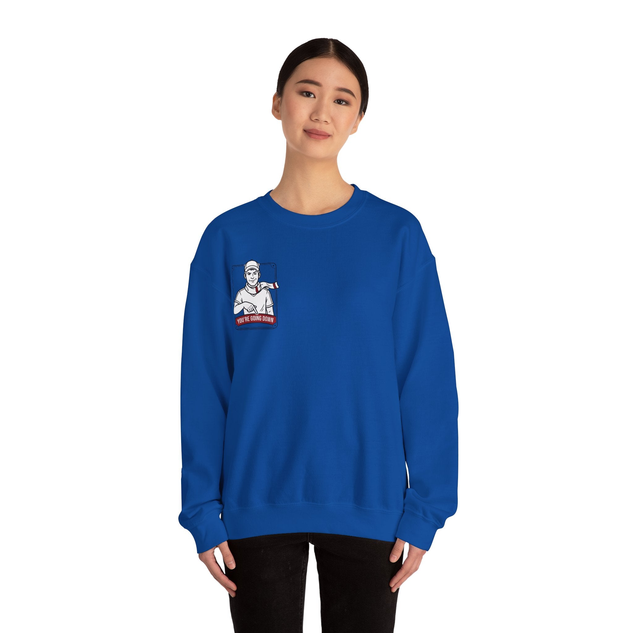 Crewneck Sweatshirt — Vintage Nurse Illustration "You're going Down!" Pocket Design