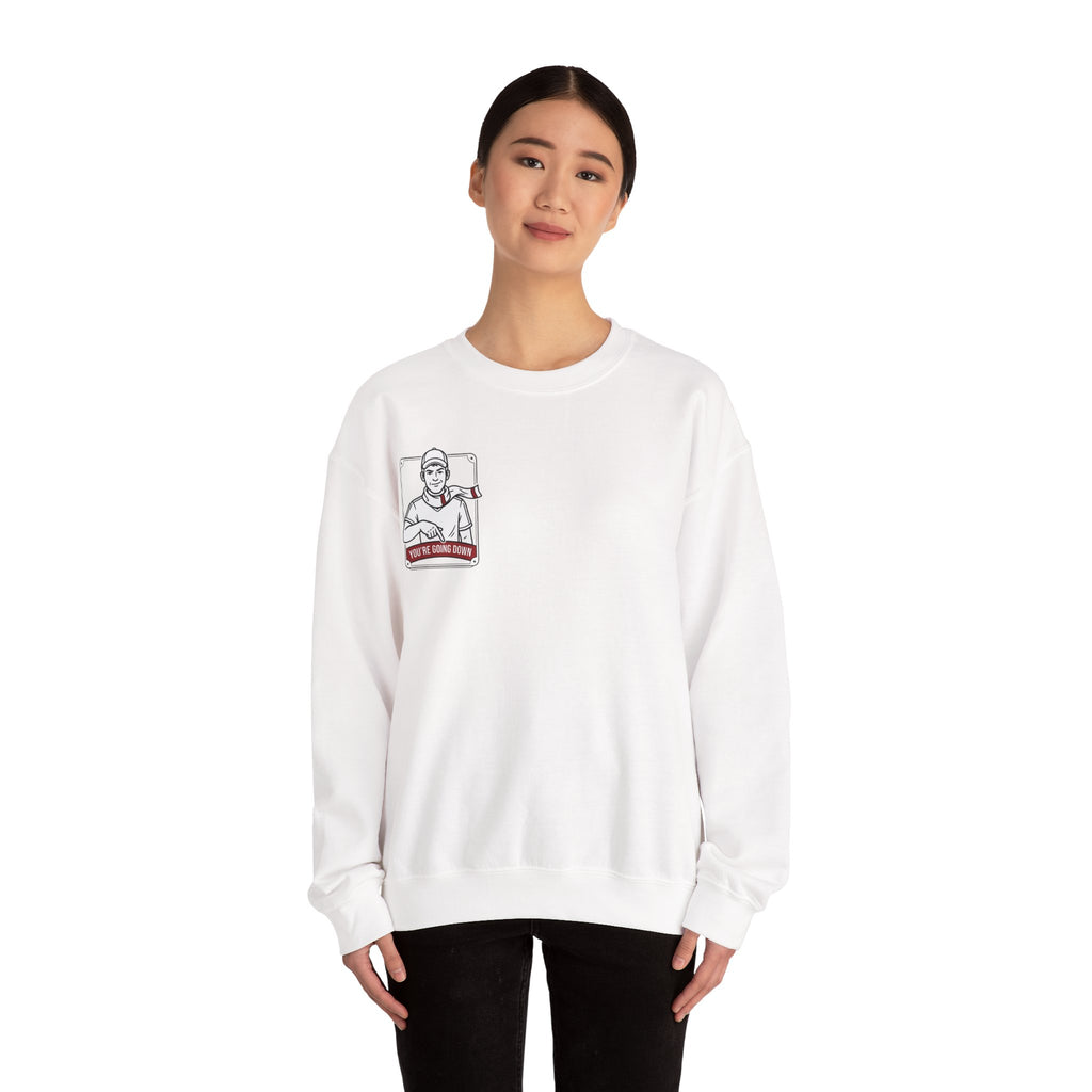 Crewneck Sweatshirt — Vintage Nurse Illustration "You're going Down!" Pocket Design
