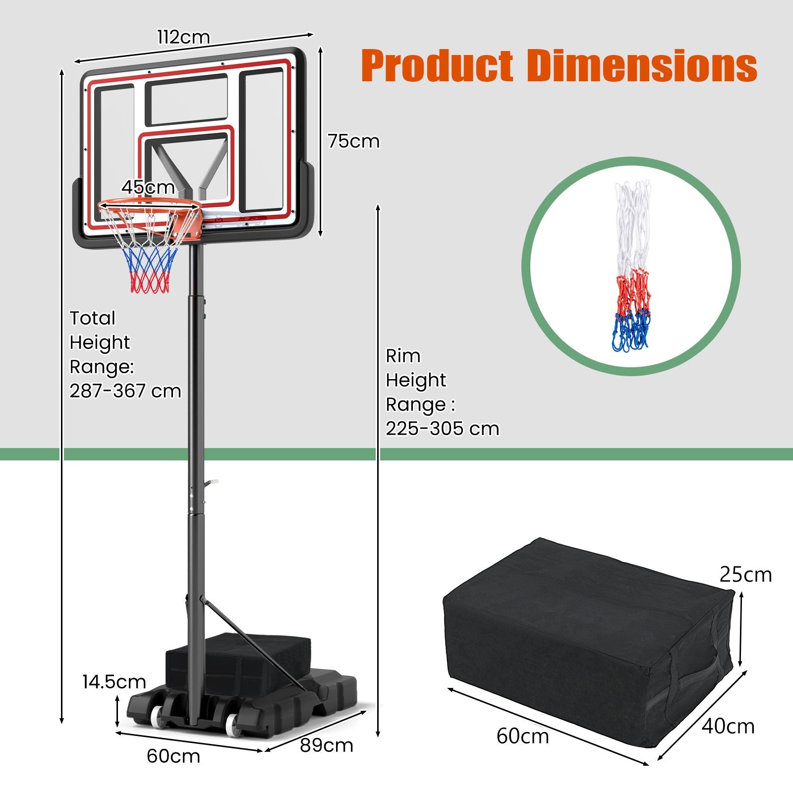 225-305Cm Portable Basketball Hoop Adjustable Basketball Goal System