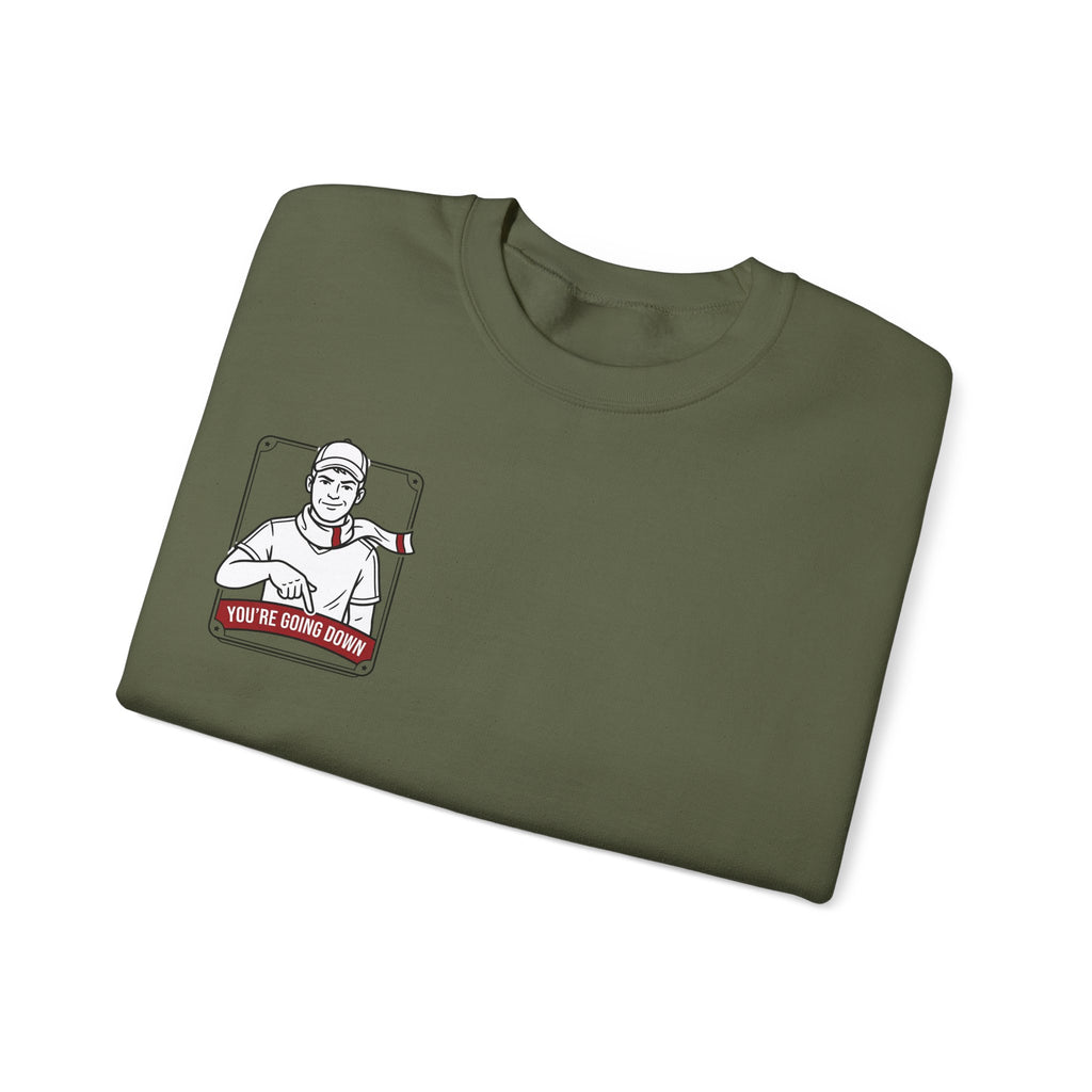 Crewneck Sweatshirt — Vintage Nurse Illustration "You're going Down!" Pocket Design