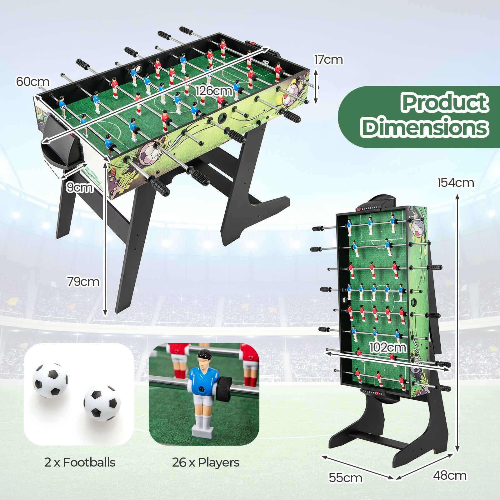 Foldable Foosball Table Game Set with 26 Players and Anti-Slip Grips