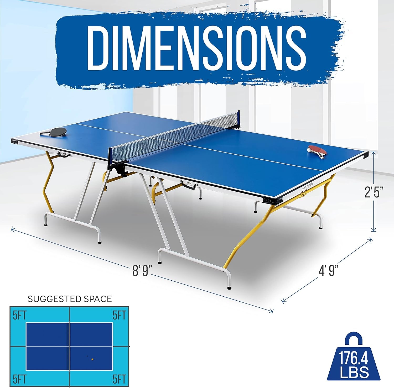 Foldable Table Tennis Table, Medium Size, Includes Net, Clipper, Post, Foldable and Easy to Store Space-Saving Design, Blue