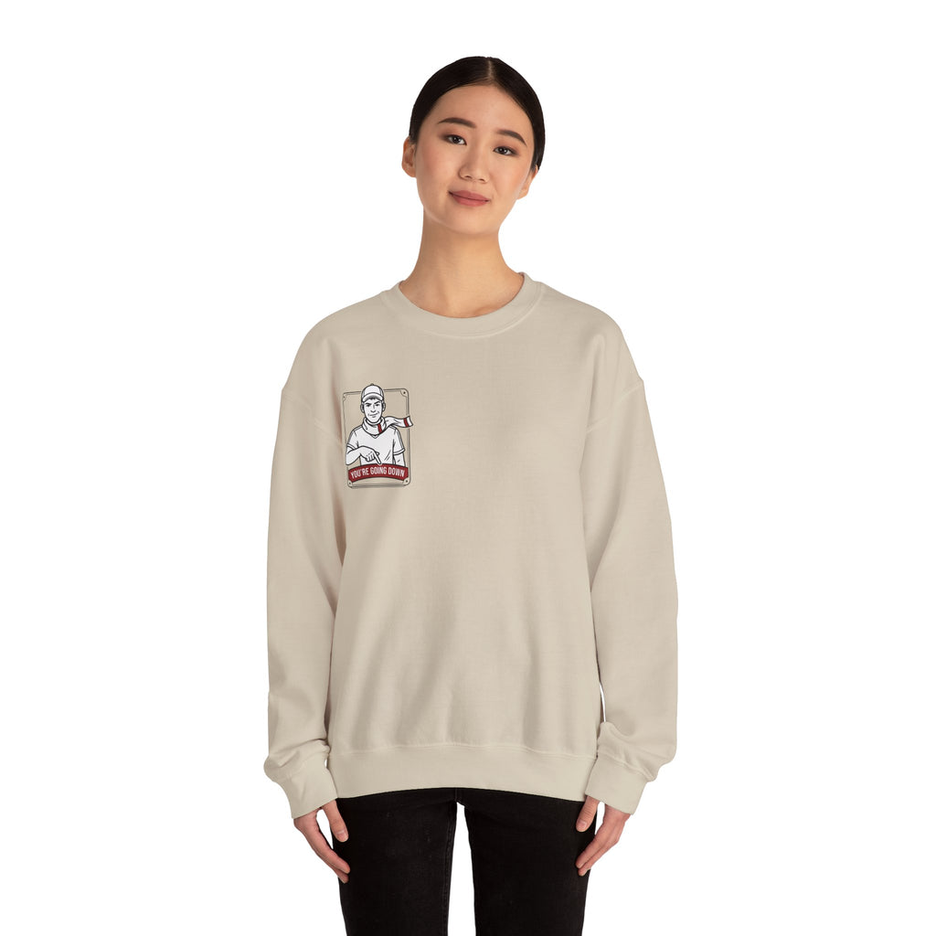 Crewneck Sweatshirt — Vintage Nurse Illustration "You're going Down!" Pocket Design