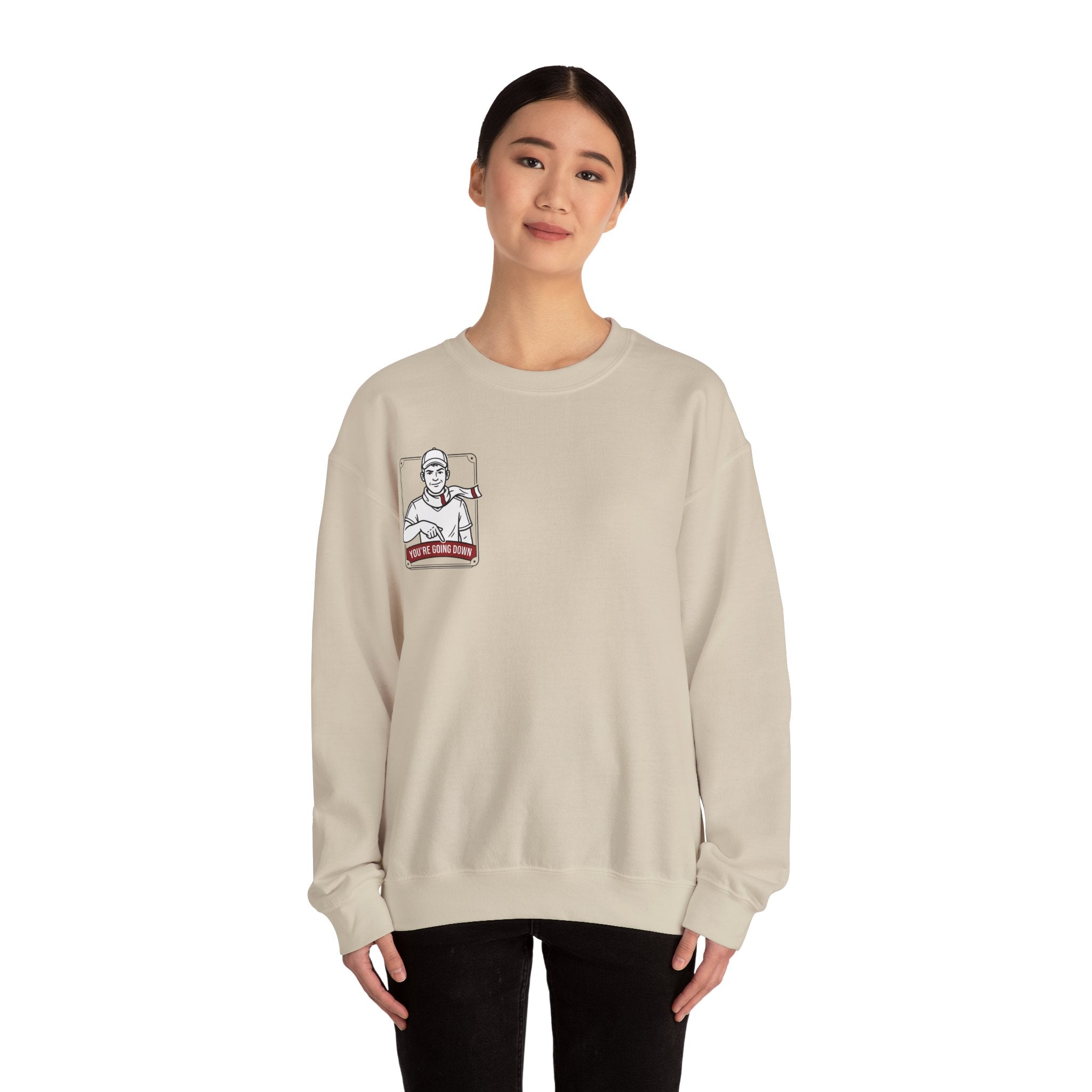 Crewneck Sweatshirt — Vintage Nurse Illustration "You're going Down!" Pocket Design