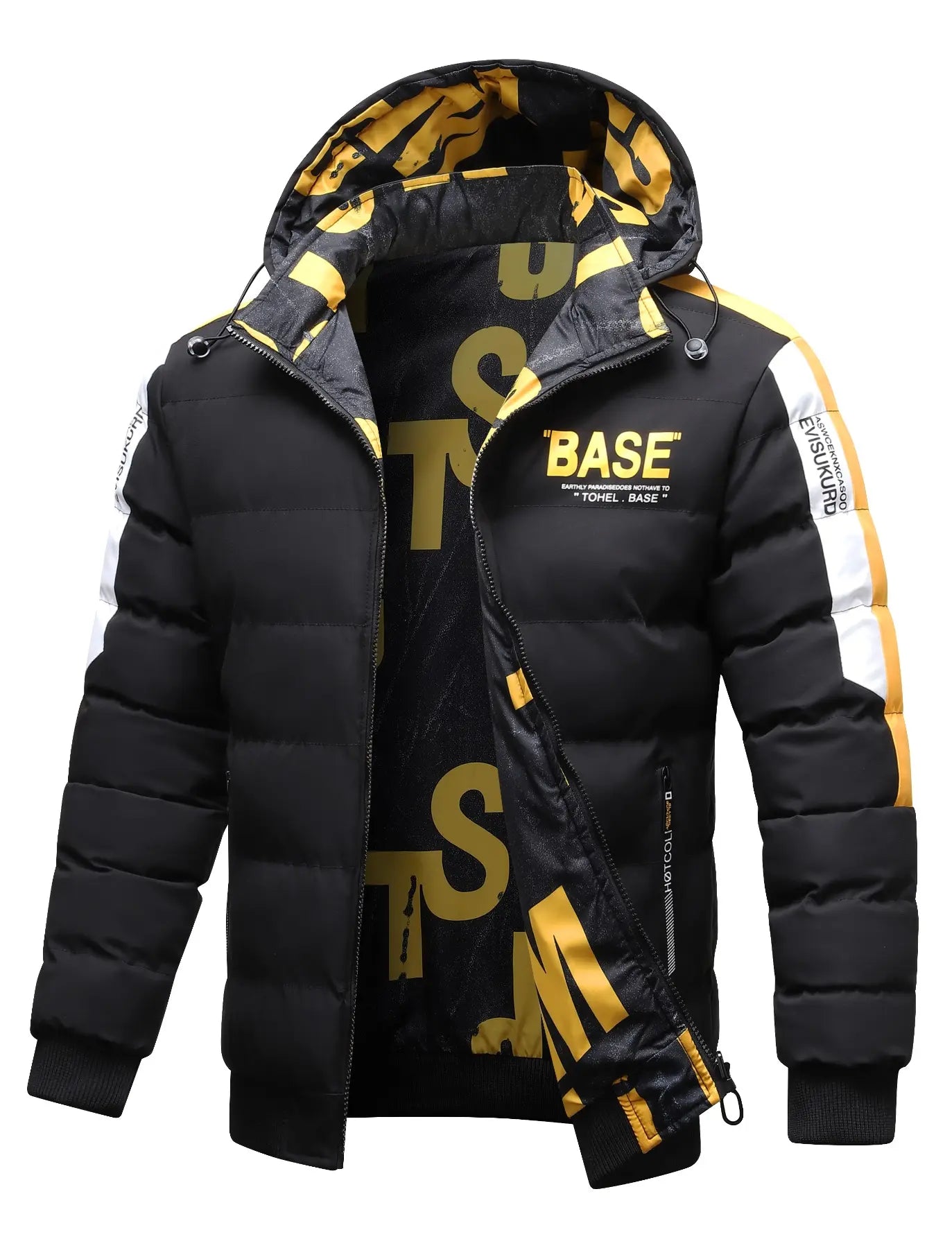 Men'S Hooded Winter Jacket, 100% Polyester Casual Alphabet Print Design, Regular Fit Warm Coat for Fall & Winter Seasons, Windproof Casual Jacket