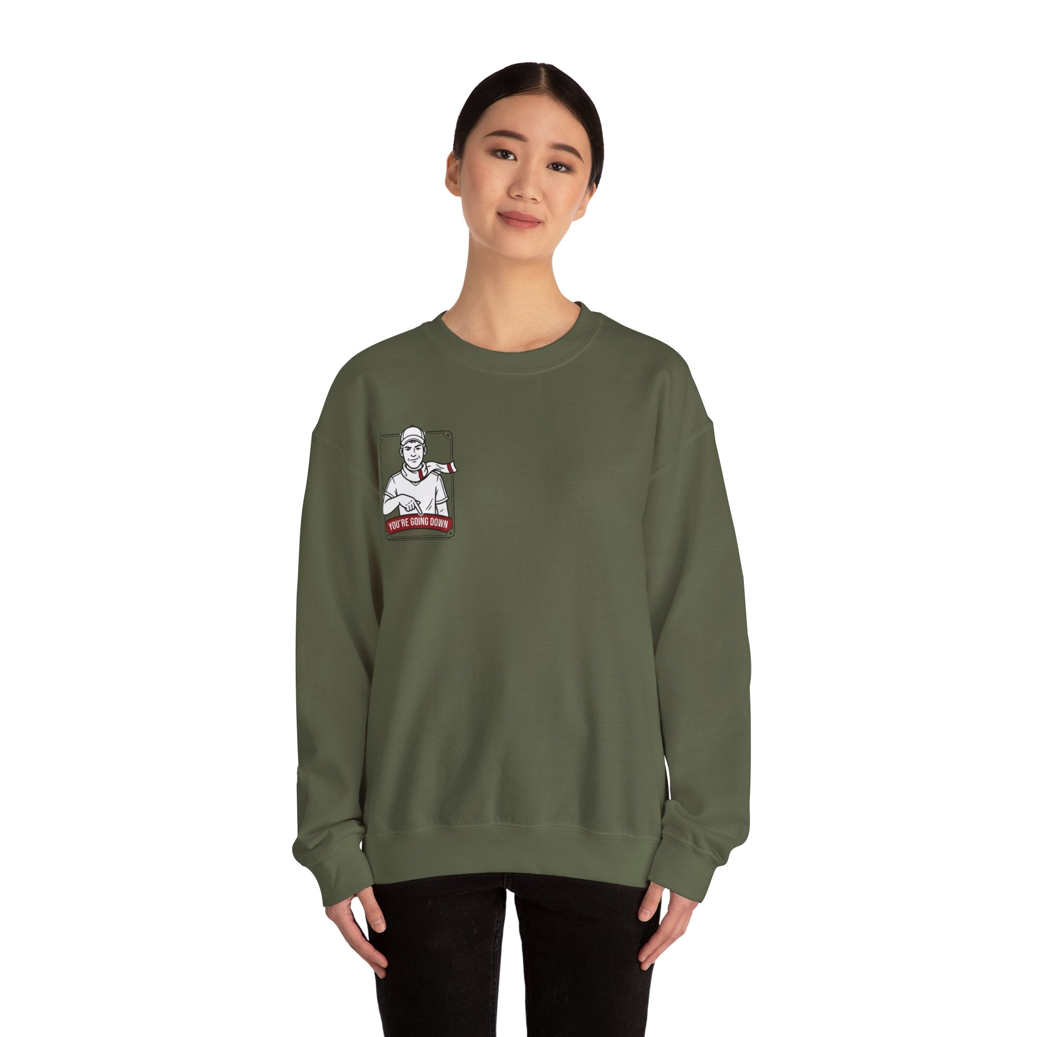 Crewneck Sweatshirt — Vintage Nurse Illustration "You're going Down!" Pocket Design