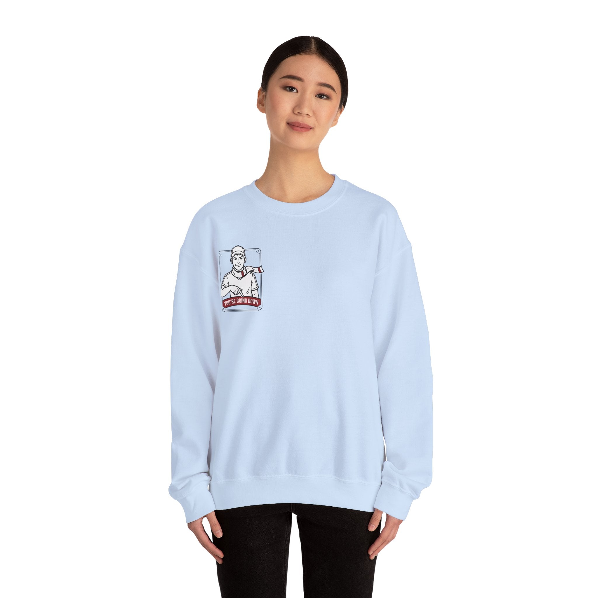Crewneck Sweatshirt — Vintage Nurse Illustration "You're going Down!" Pocket Design