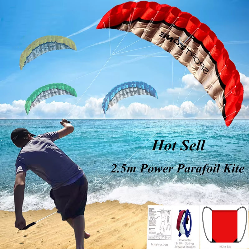 High Quality 2.5M Dual Line 4 Colors Parafoil Parachute Sports Beach Kite Easy to Fly Factory Outlet