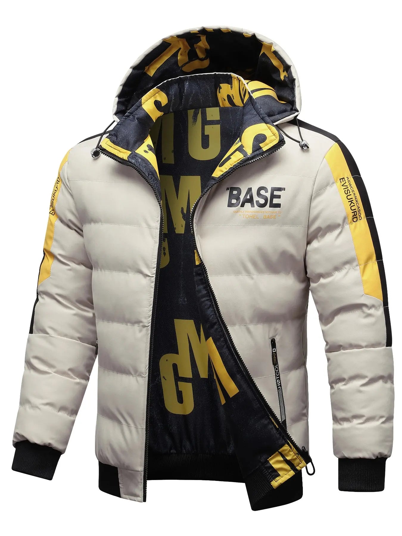 Men'S Hooded Winter Jacket, 100% Polyester Casual Alphabet Print Design, Regular Fit Warm Coat for Fall & Winter Seasons, Windproof Casual Jacket