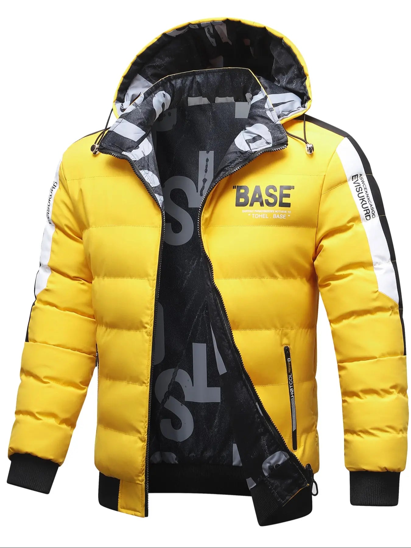 Men'S Hooded Winter Jacket, 100% Polyester Casual Alphabet Print Design, Regular Fit Warm Coat for Fall & Winter Seasons, Windproof Casual Jacket