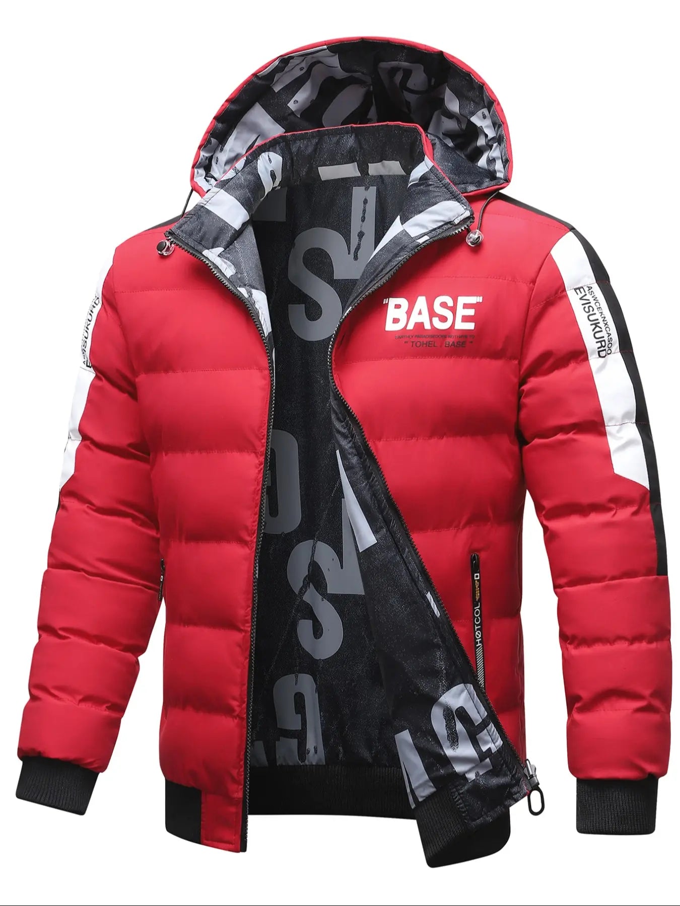 Men'S Hooded Winter Jacket, 100% Polyester Casual Alphabet Print Design, Regular Fit Warm Coat for Fall & Winter Seasons, Windproof Casual Jacket